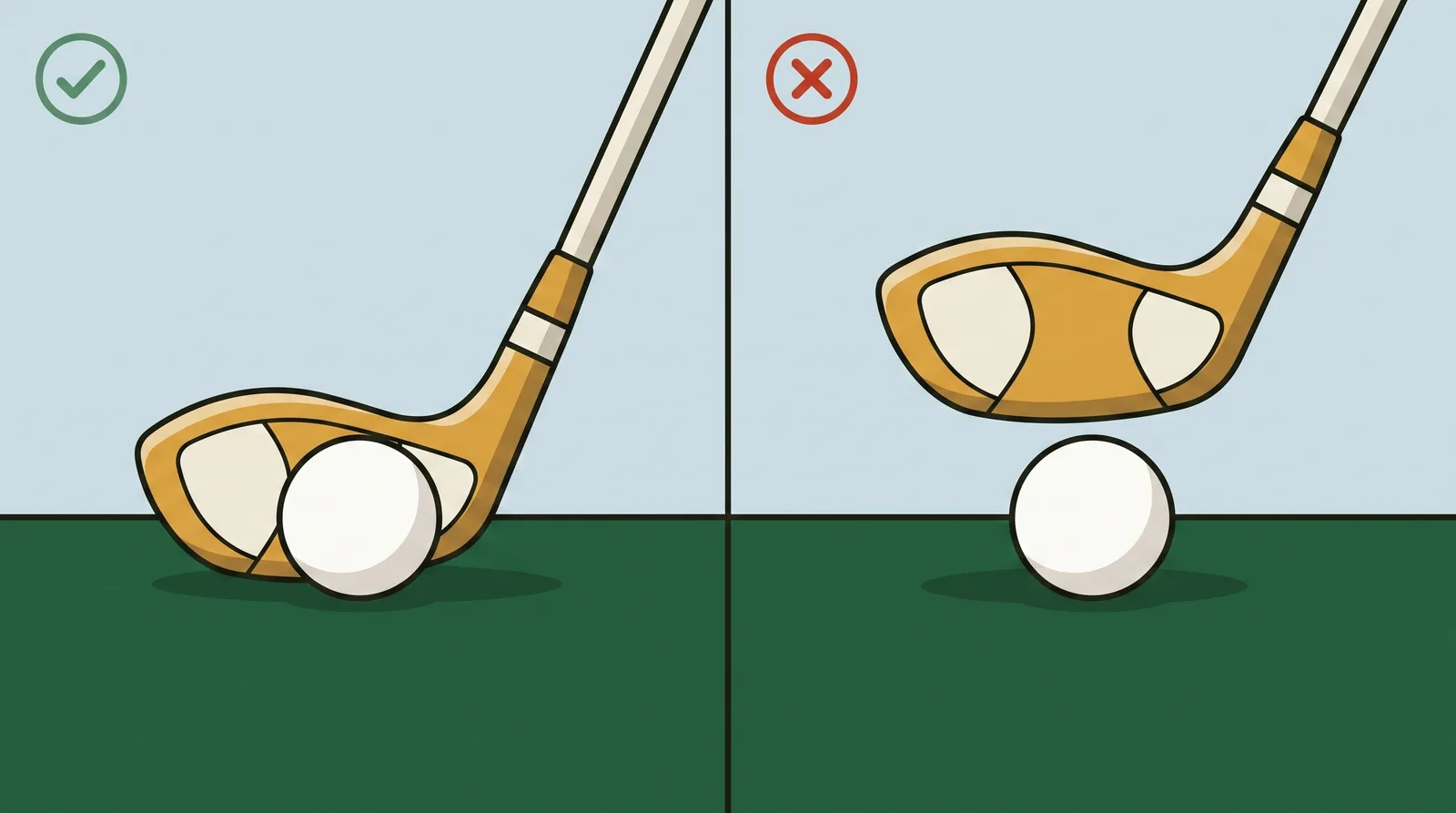 Comparison of a clubhead passing above a golf ball and a clubhead meeting the ball at ground level