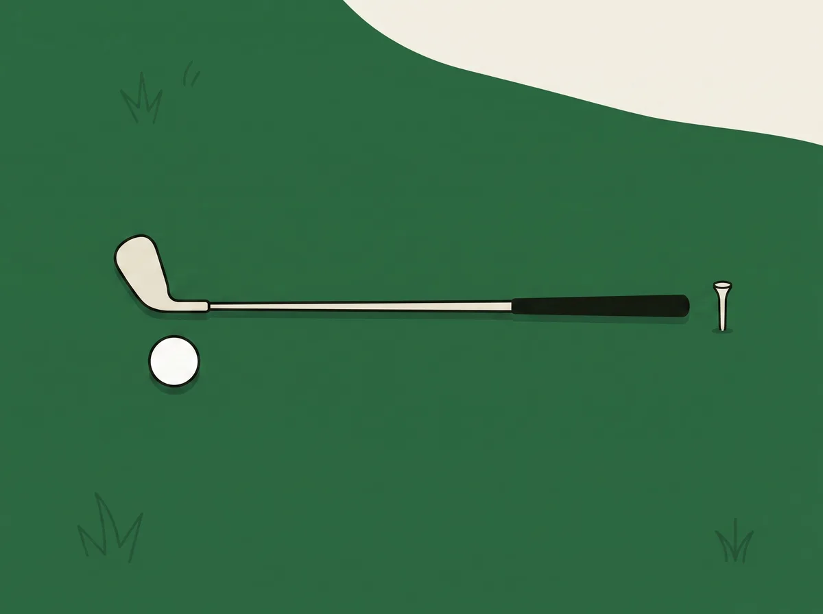 A golf club lying flat on short grass beside a golf ball and a small tee pushed into the ground