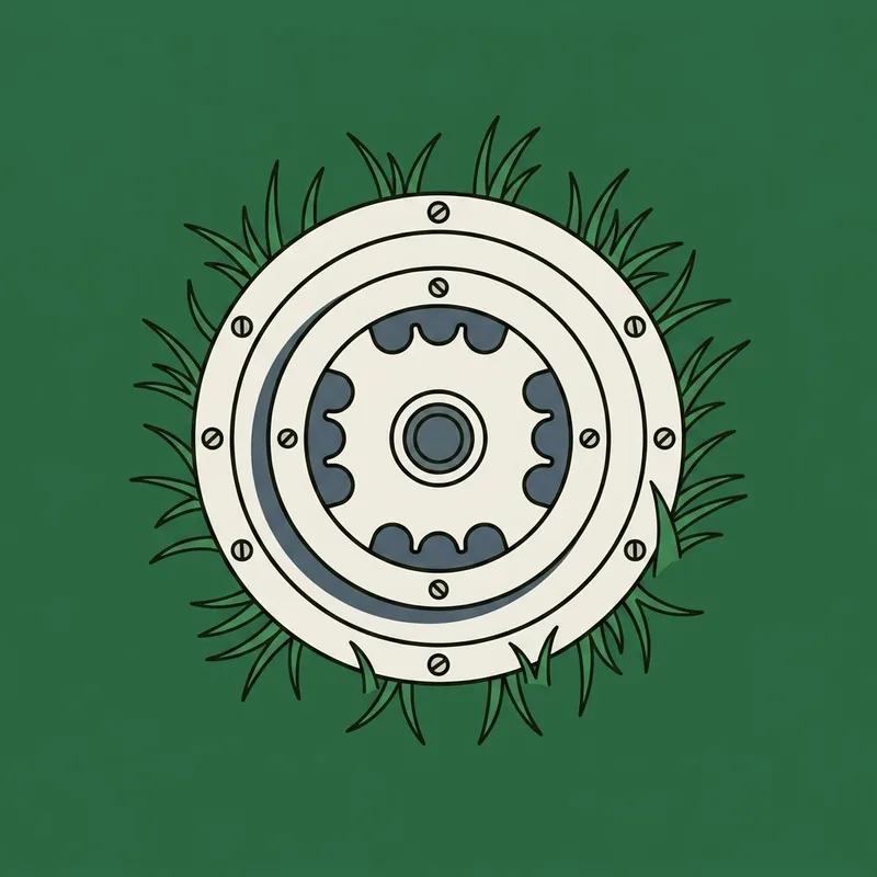 A round sprinkler head set flush into short mown grass
