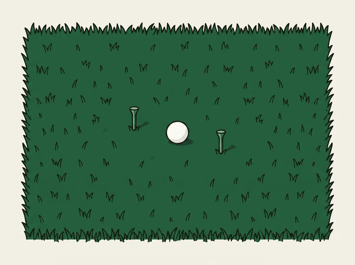 Two small tees pushed into short grass a short distance apart with a golf ball on the grass between them