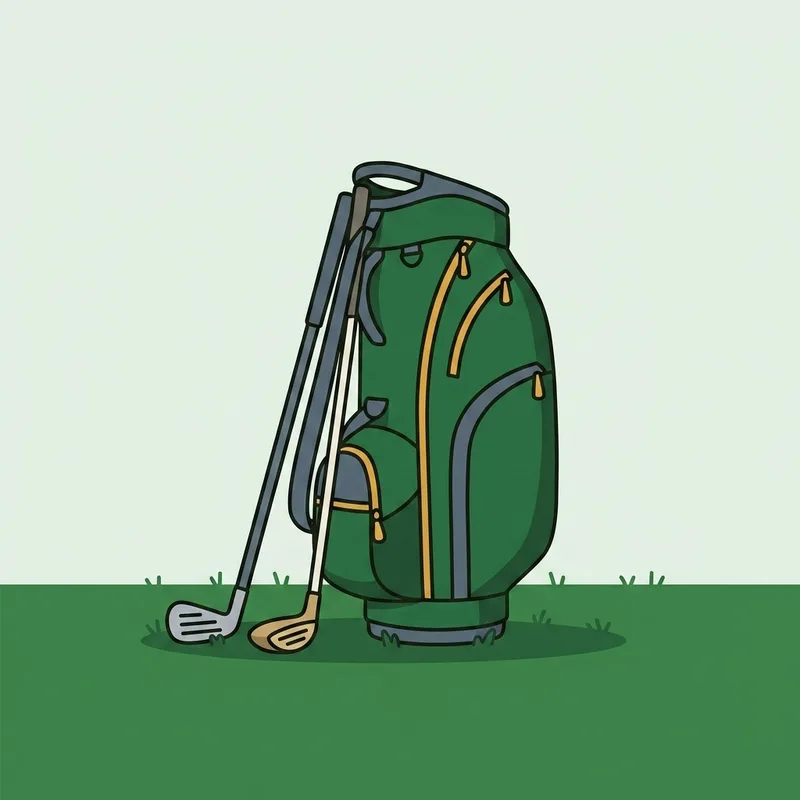 Two golf clubs leaning against a golf bag standing on grass