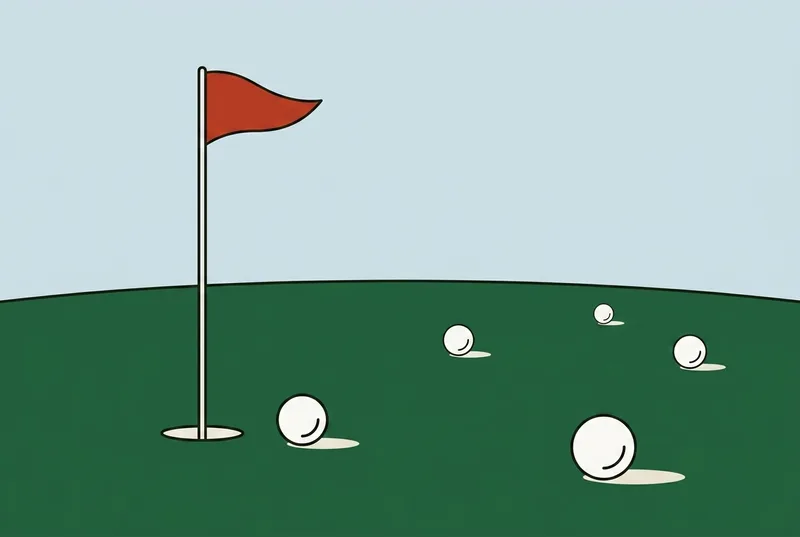 A putting green with a flagstick and several golf balls scattered near the hole