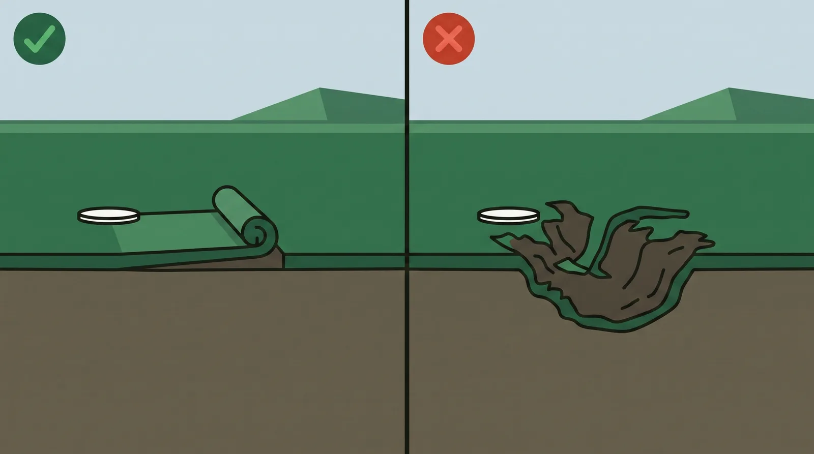 Comparison of two divots in turf, one a shallow peeled strip and one a deep dug-out gouge