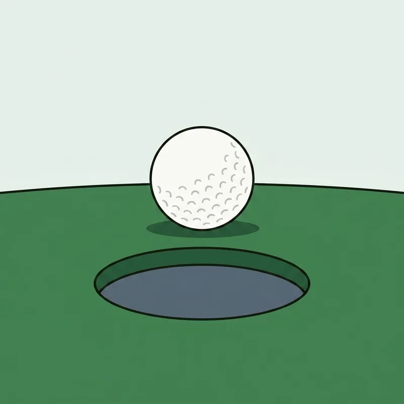 A golf ball resting on a putting surface a short distance beyond the hole