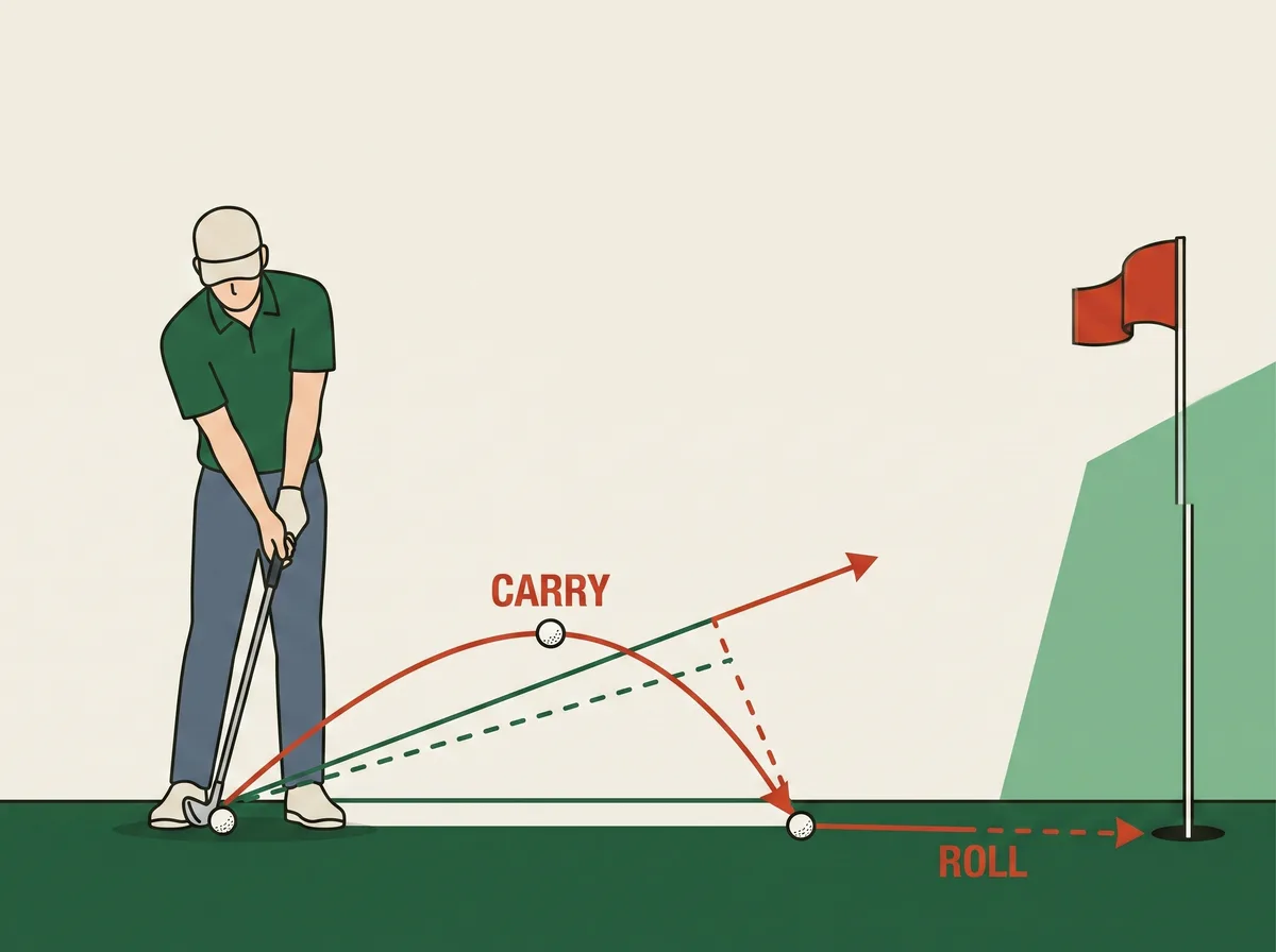Diagram of a chip shot showing the ball carrying a short distance in the air and then running along the ground towards the hole