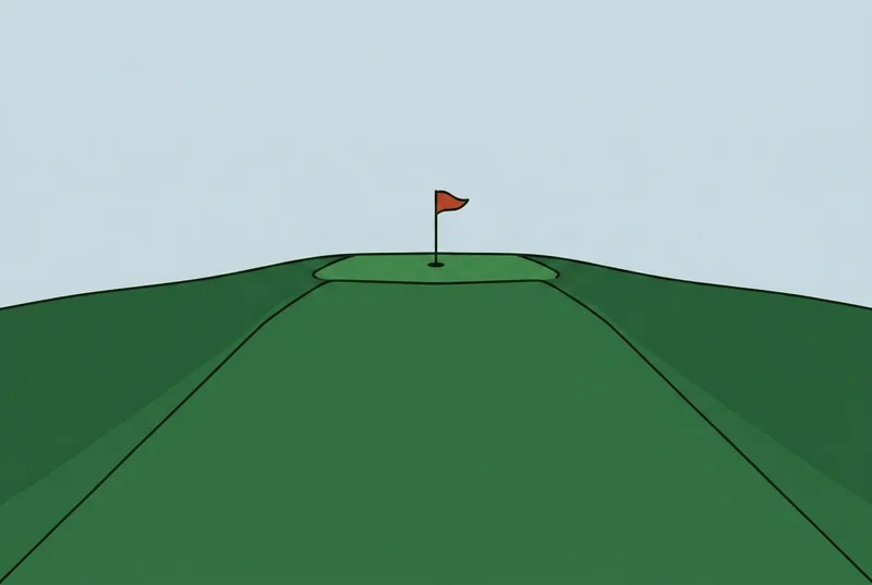 A fairway rising uphill towards a green with a flagstick at the top