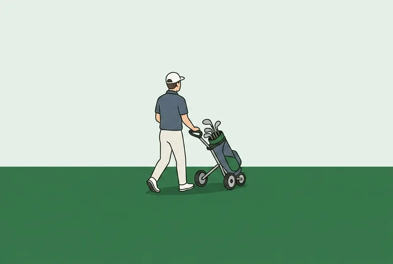A golfer walking along a fairway pulling a push cart, seen from behind