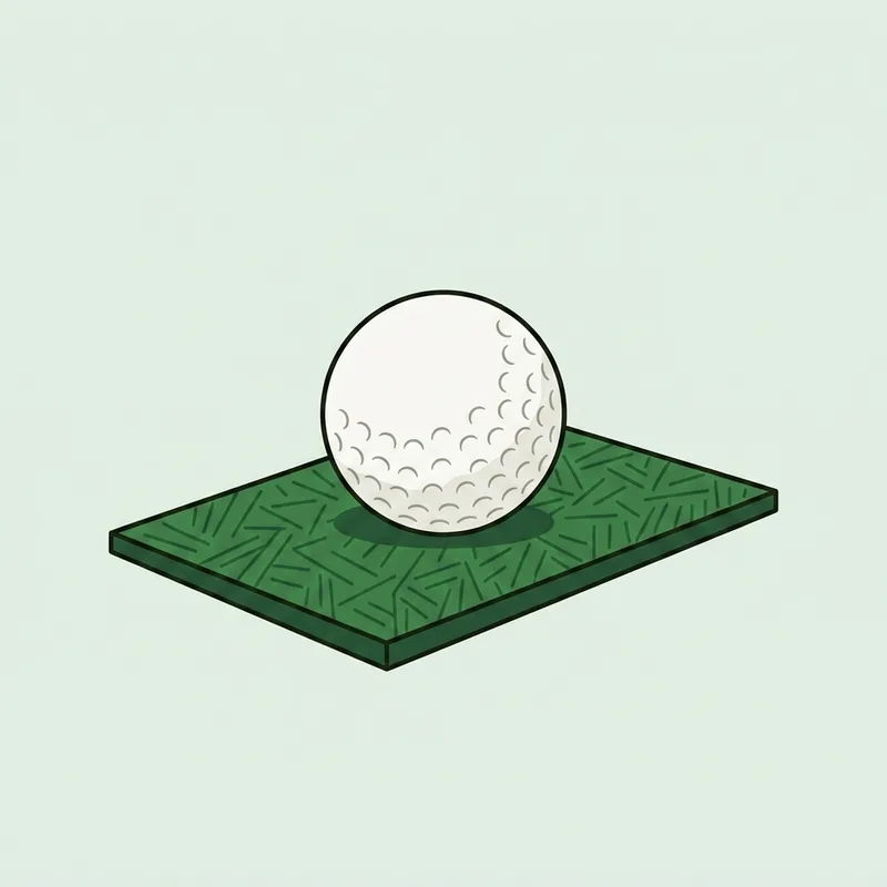 A single golf ball resting on a short section of artificial turf hitting mat