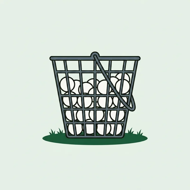 A wire range basket holding golf balls, standing on short grass
