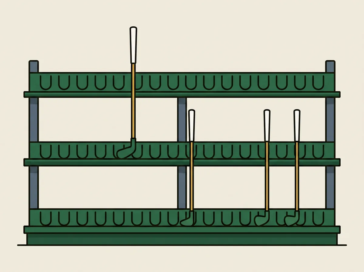 Diagram of a shop rack with most of its club slots standing empty