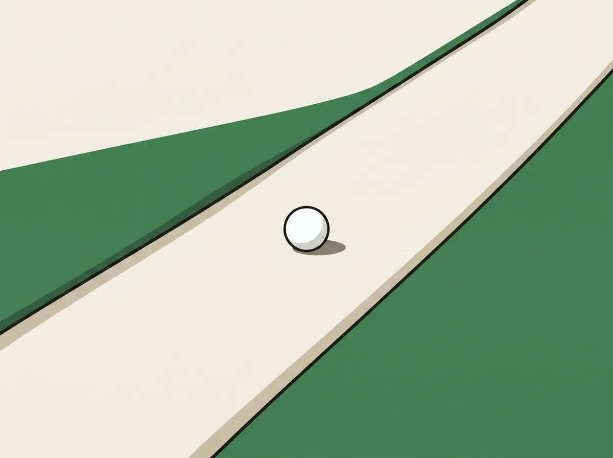 A golf ball resting on a narrow paved path running through short grass