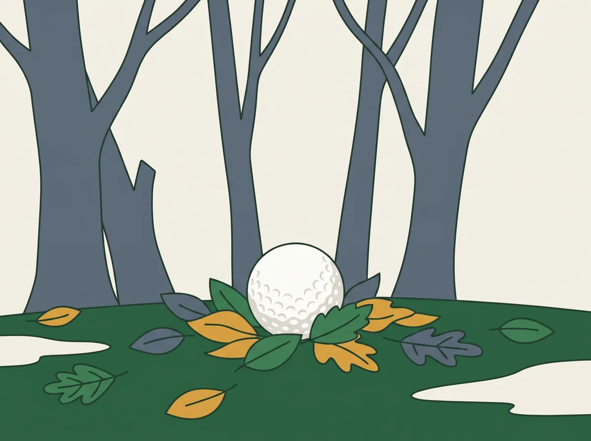 A golf ball lying half covered by fallen leaves on the ground beneath trees
