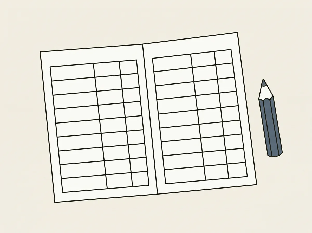 A blank folded paper golf scorecard with an empty ruled grid and a short pencil beside it