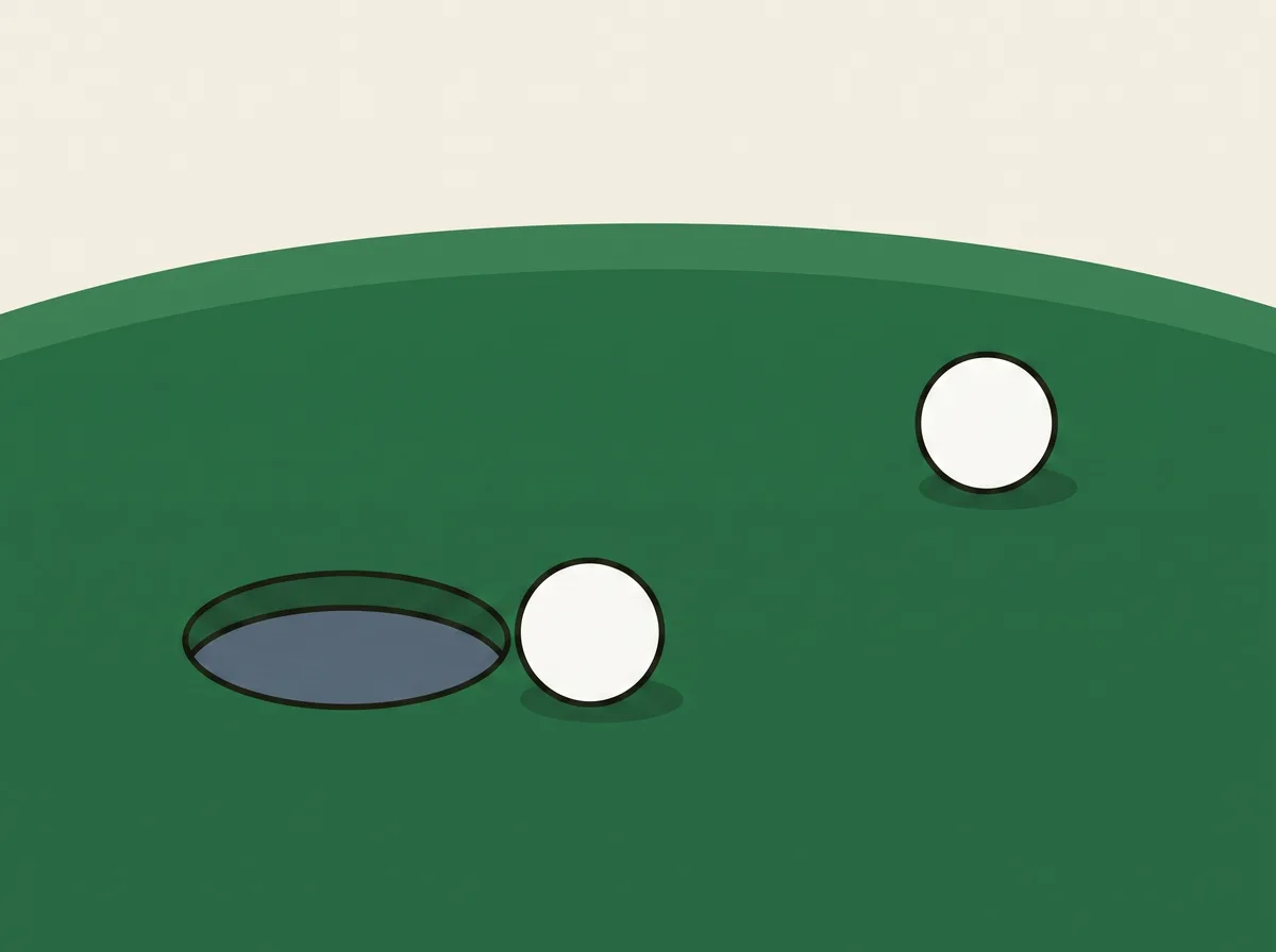 Two golf balls resting at different distances from a hole on a putting green