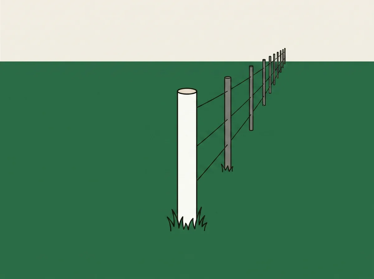 A plain white boundary stake standing upright in short grass with a simple post and wire fence running behind it