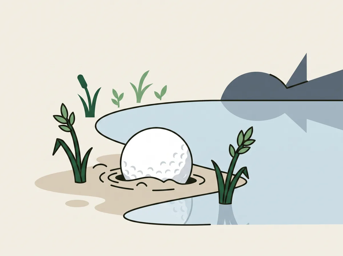 A golf ball resting on wet mud at the edge of a pond with short reeds around it