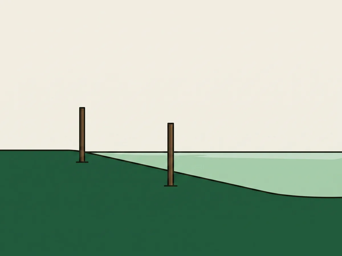 Two plain marker stakes standing upright in grass along the bank of a still pond