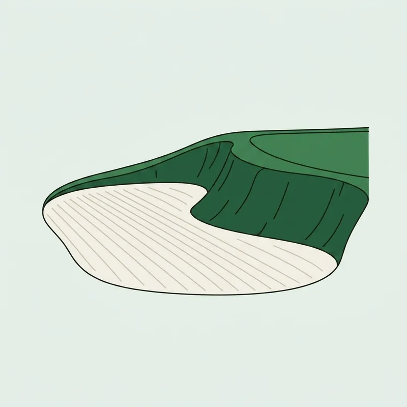 A greenside bunker with raked sand and a steep face