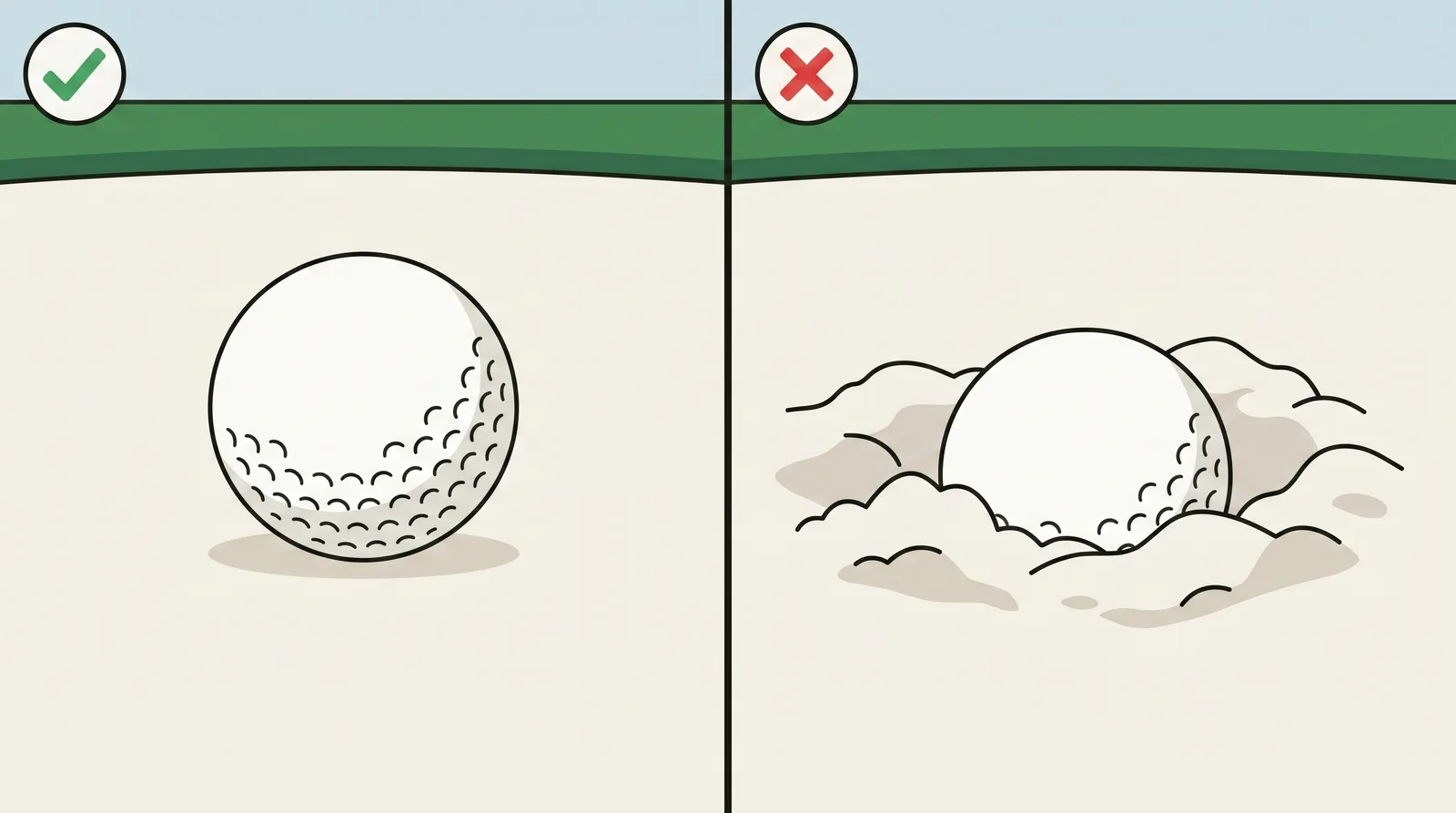 Comparison of two golf balls in a bunker, one resting on top of the sand and one sunk into a crater below the surface