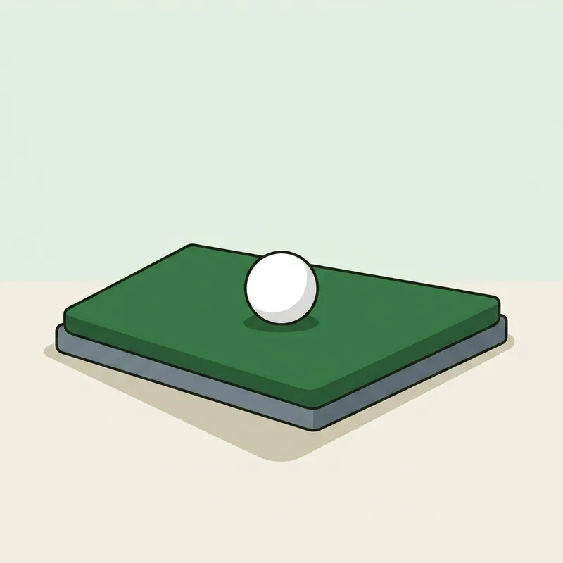 A golf ball resting on a short strip of artificial practice turf
