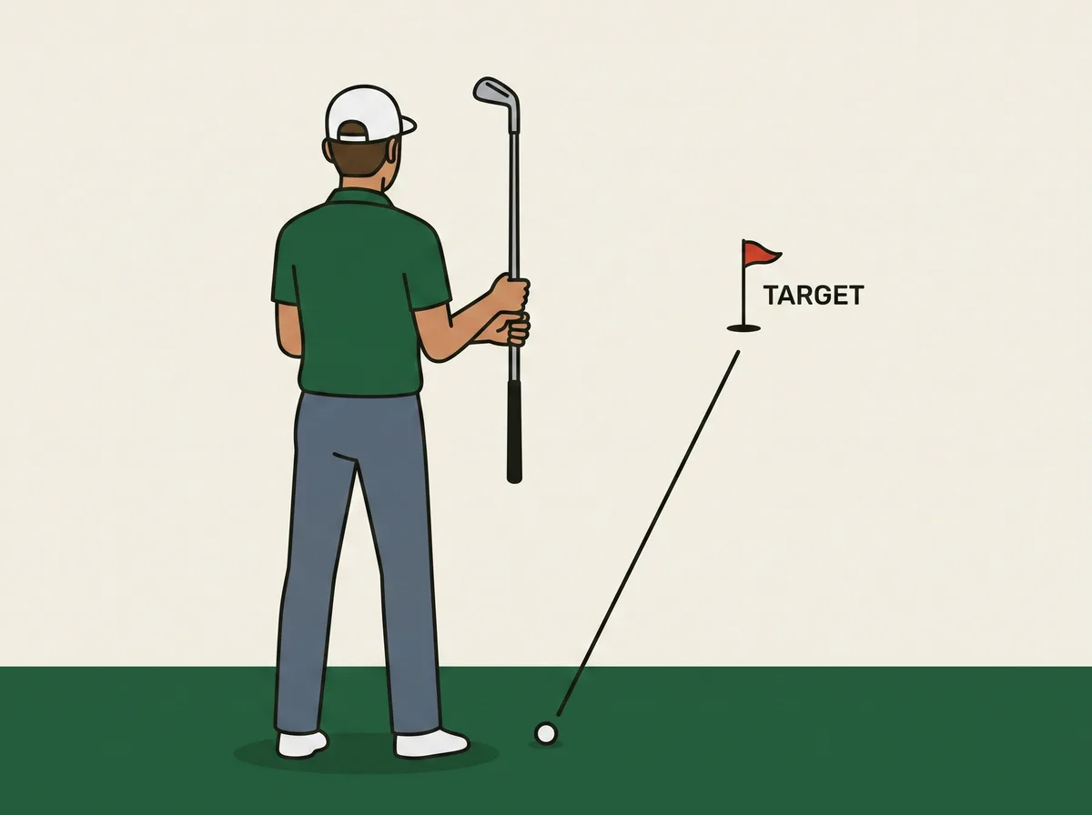 Diagram of a golfer standing behind the ball looking down the target line before stepping in
