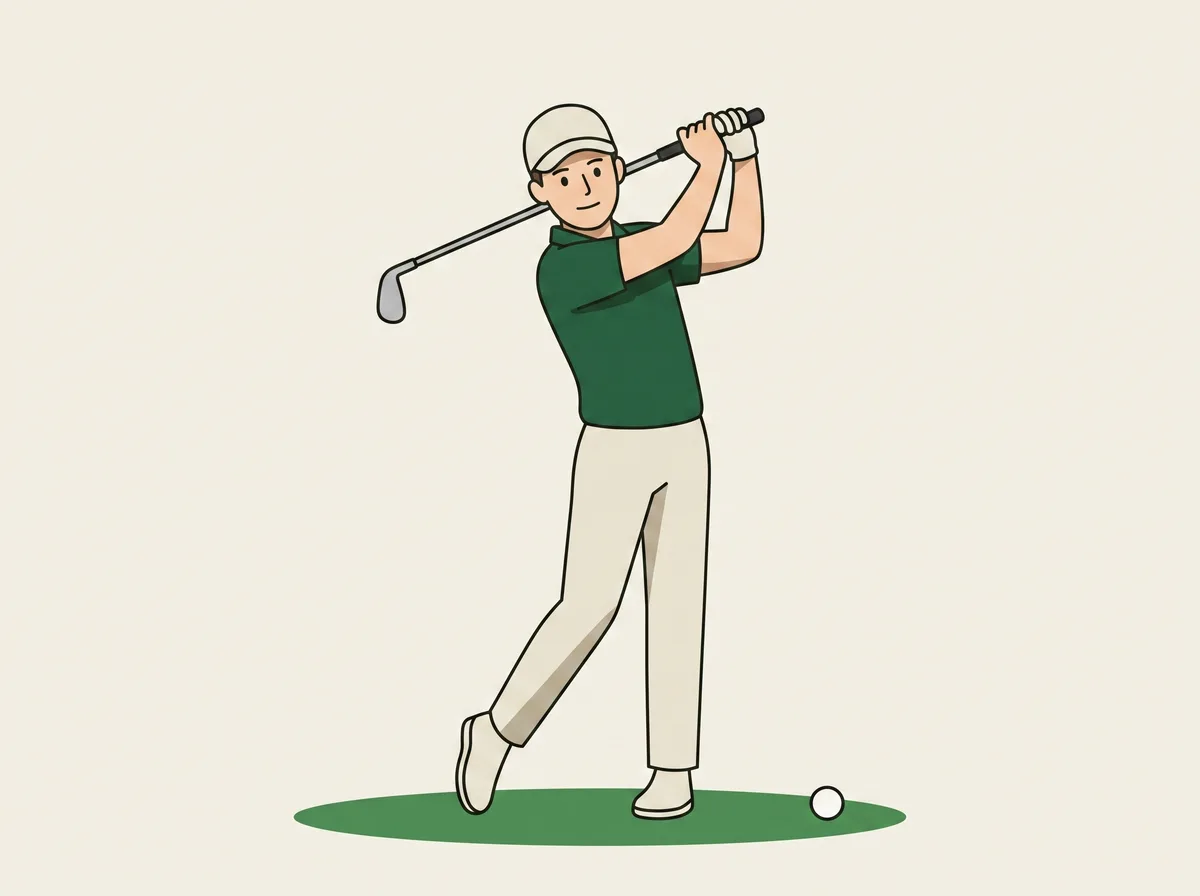 Diagram of a golfer who has made a rehearsal swing standing to one side of the ball rather than over it