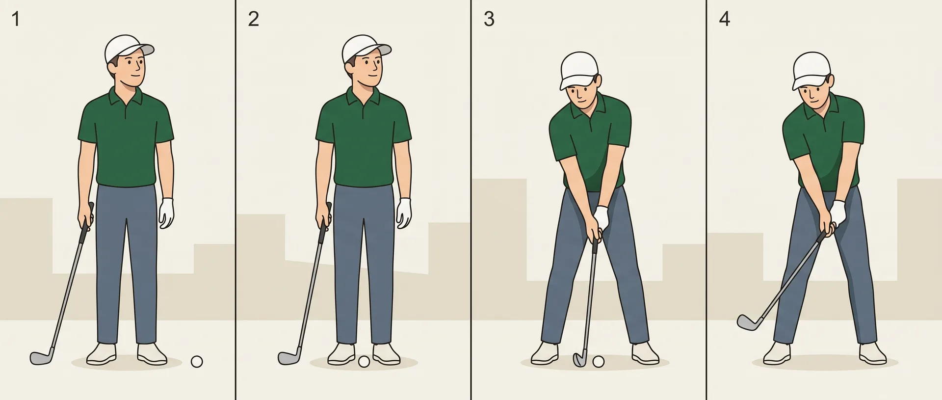 Four-panel sequence of a golfer working through a pre shot routine, from standing away from the ball to the start of the swing