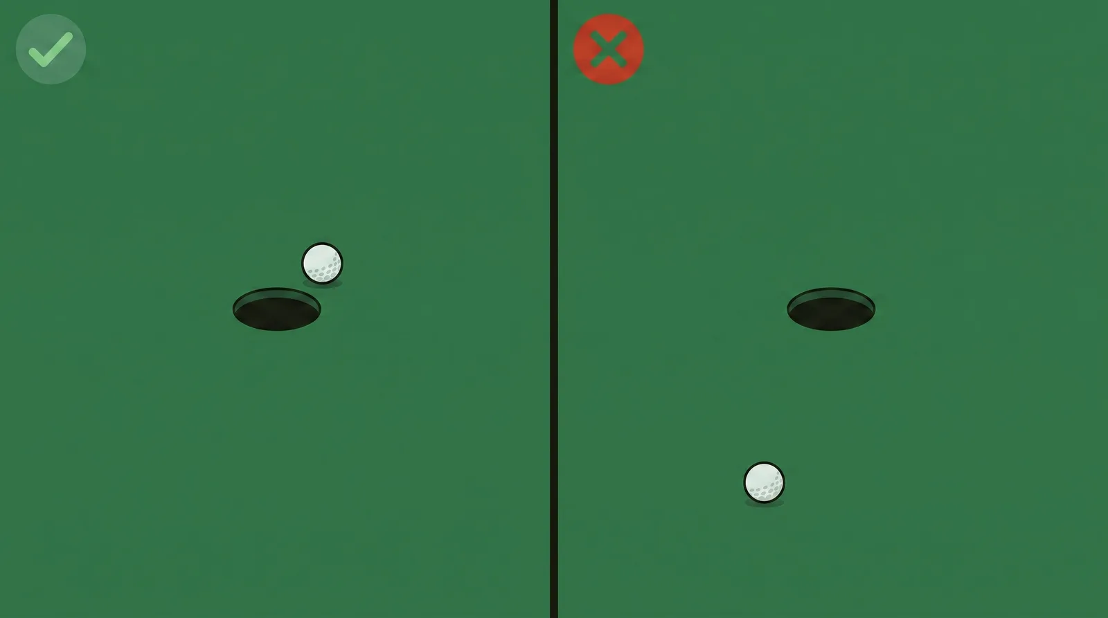 Comparison of a golf ball finishing just past the hole against a golf ball finishing well short of it