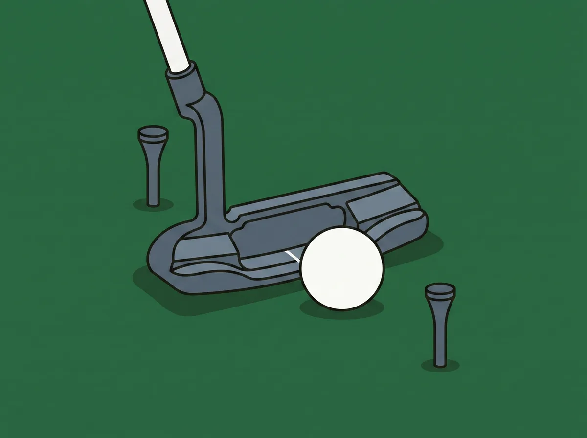 A putter head resting on a putting green with a golf tee pushed into the grass behind it and another in front