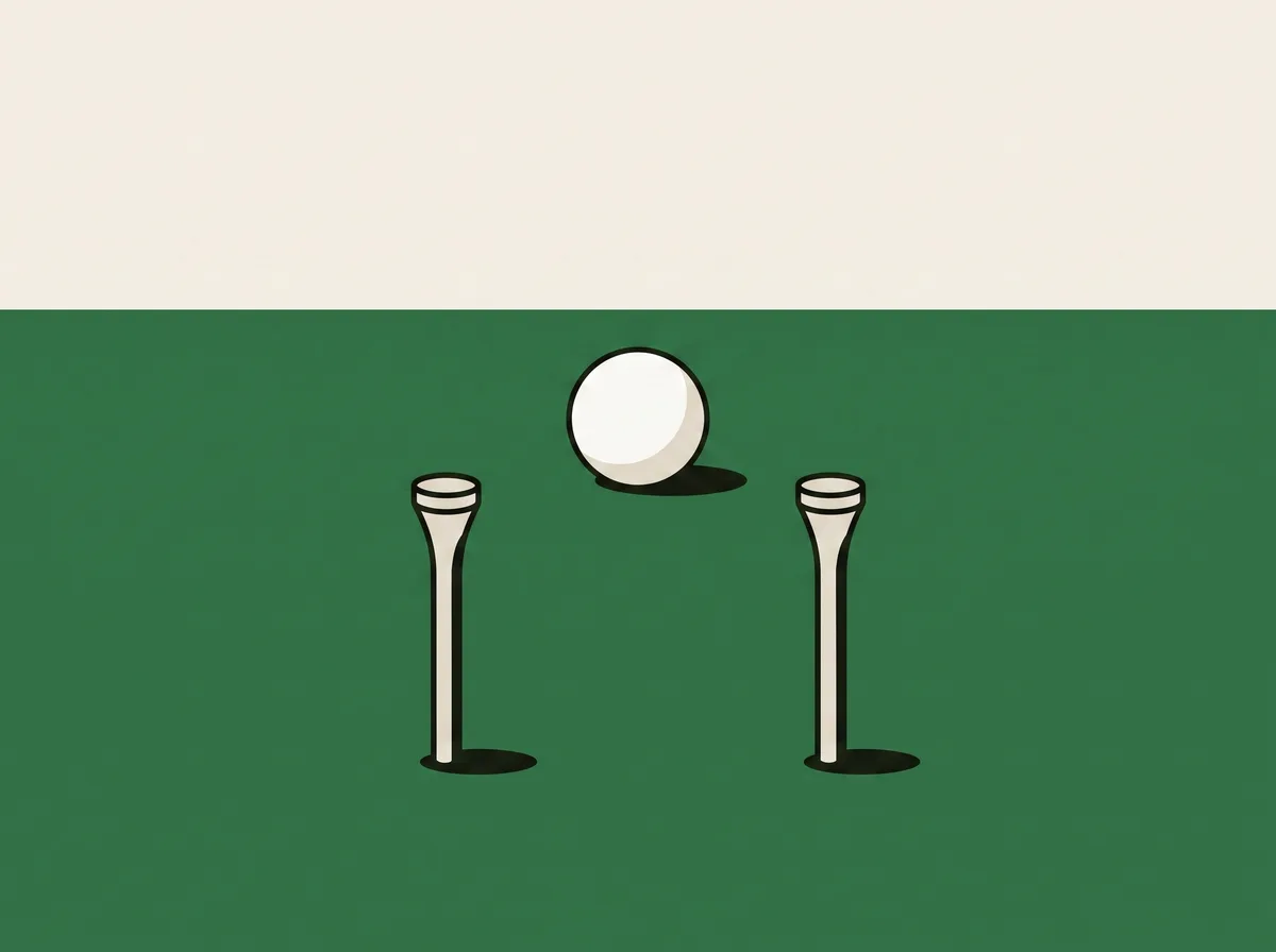 Two golf tees pushed into a putting green a putter head apart with a golf ball resting behind them