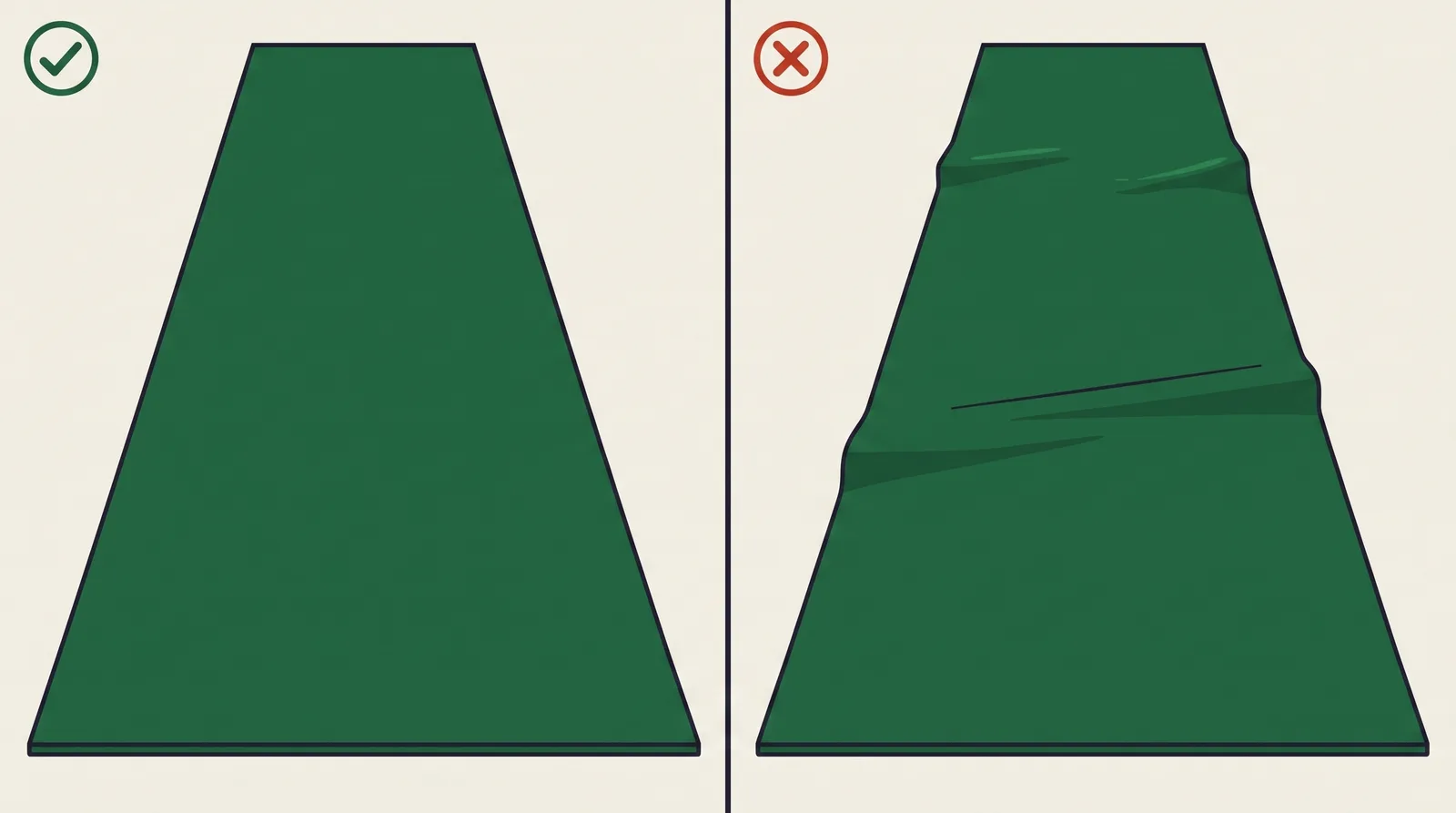 Comparison of a putting mat lying perfectly flat against the same mat lying with ripples and a crease across it