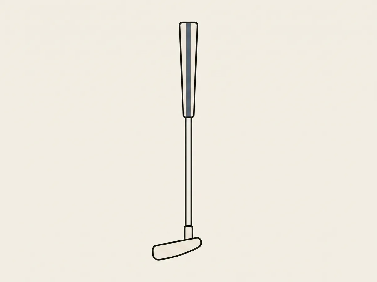 A golf putter seen straight on from the front, with a flat band running down the front of the grip