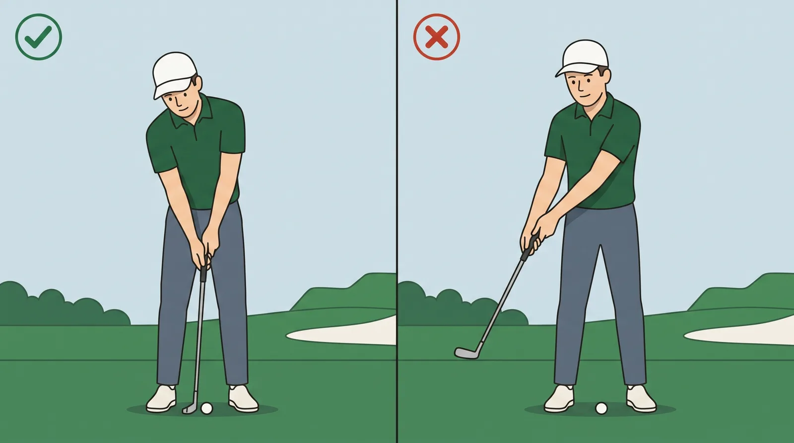 Comparison of two putting postures, one bent forward from the hips with arms hanging and one standing tall with arms reaching out