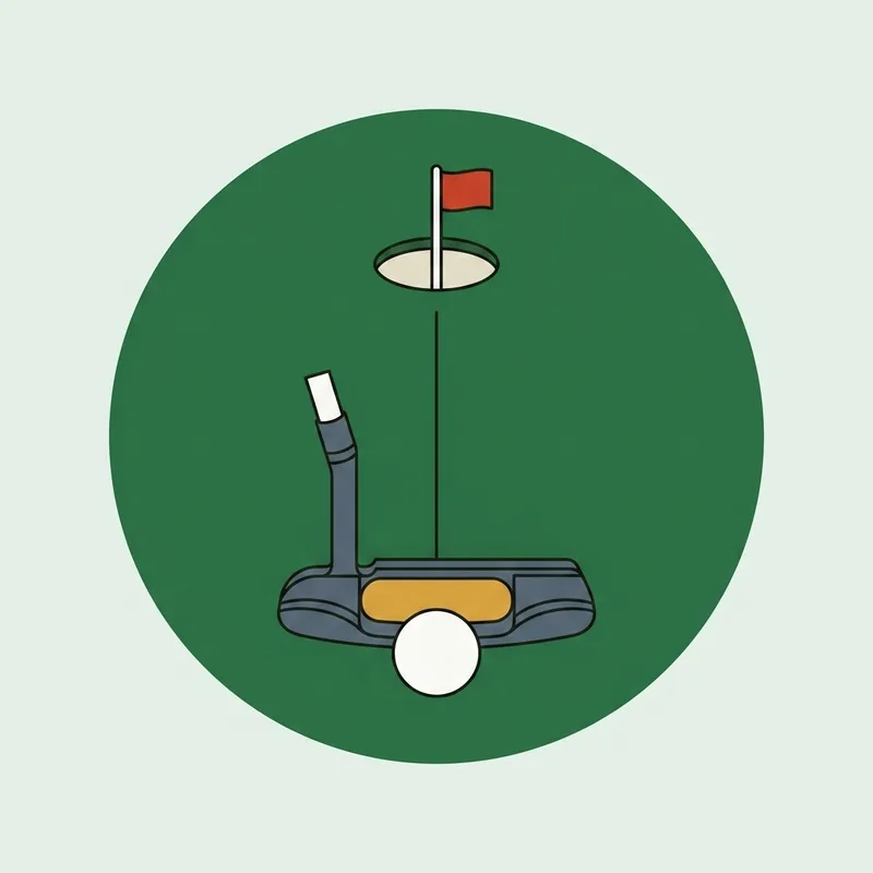 A putter and ball on a practice green with a chalk line running to the hole