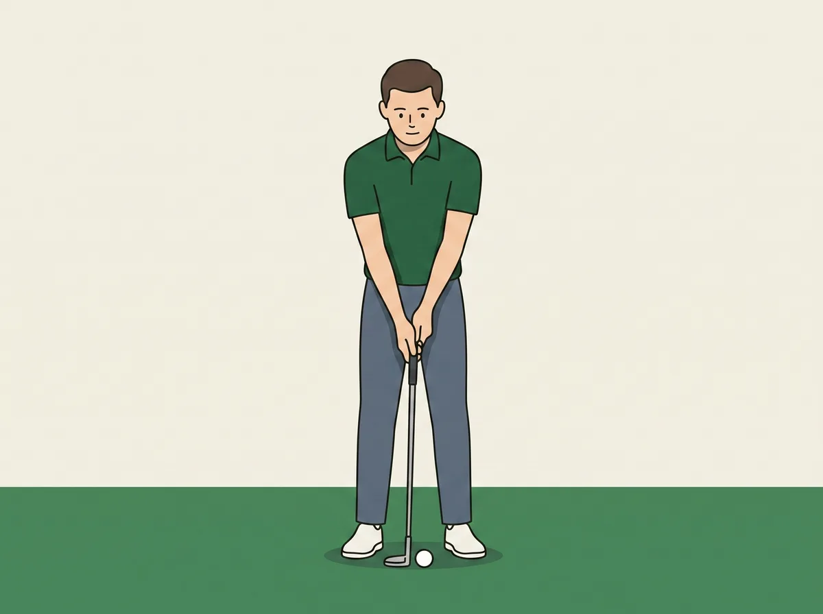 A golfer seen from the front at address over a short putt, arms hanging under level shoulders