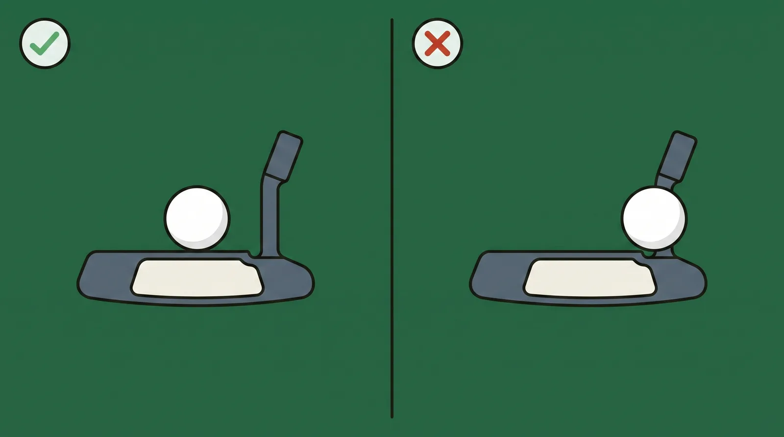 Comparison of a golf ball sitting at the centre of a putter face against one sitting off-centre next to the hosel