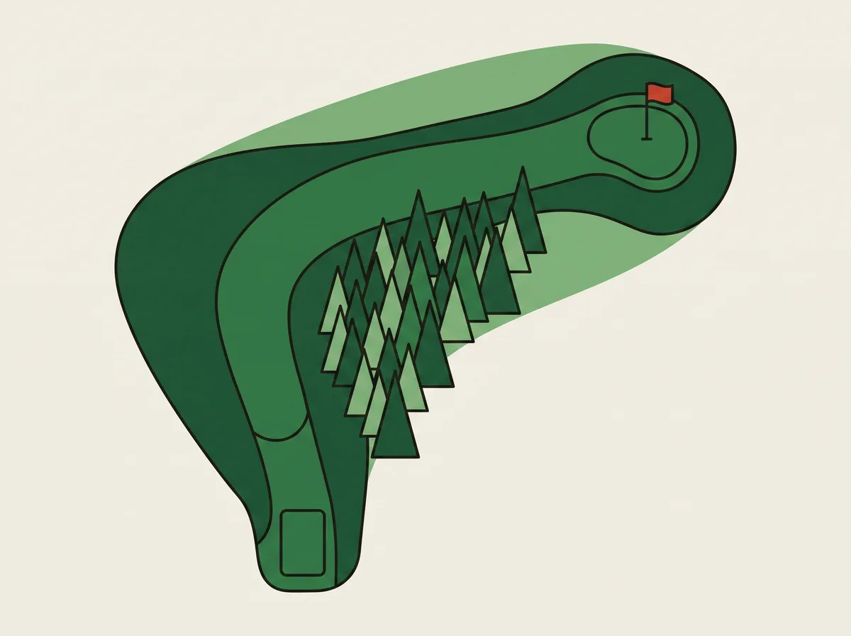 Overhead map view of a golf hole that bends sharply around a stand of trees