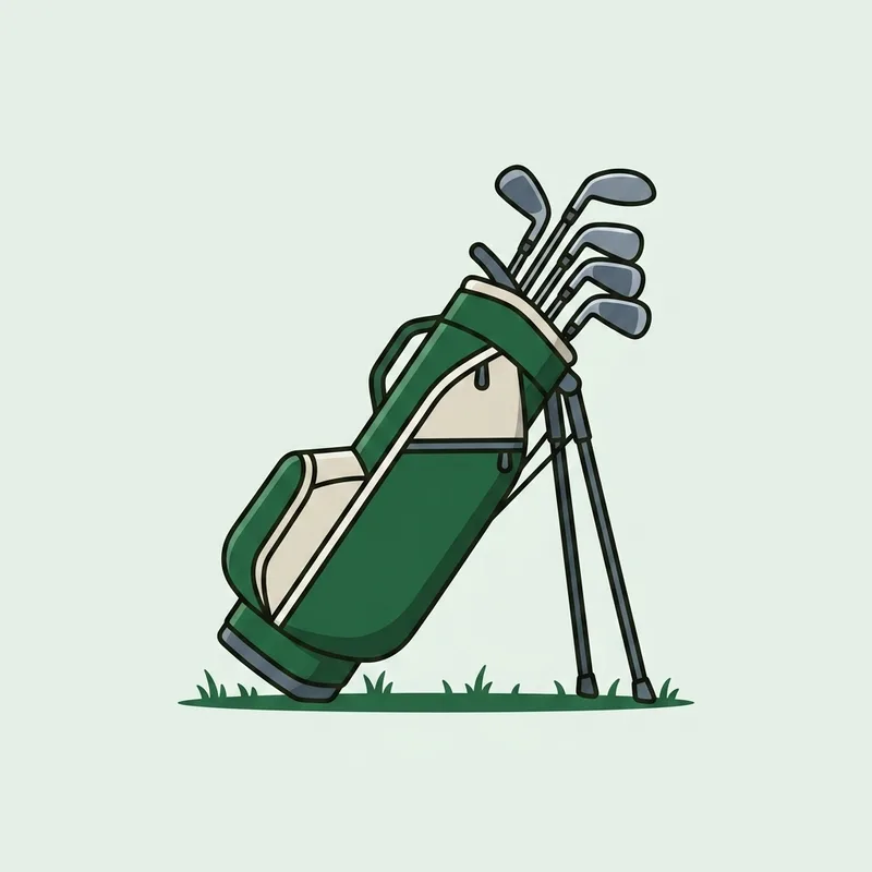 A golf bag standing upright on grass with a few clubs in it