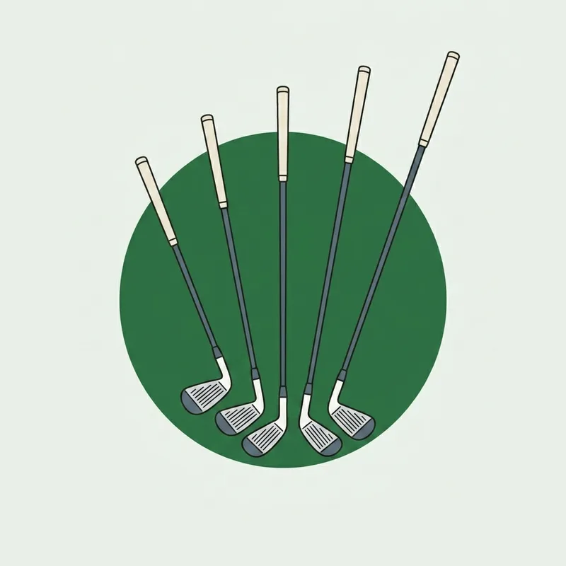 Several golf clubs of different lengths laid out side by side on grass
