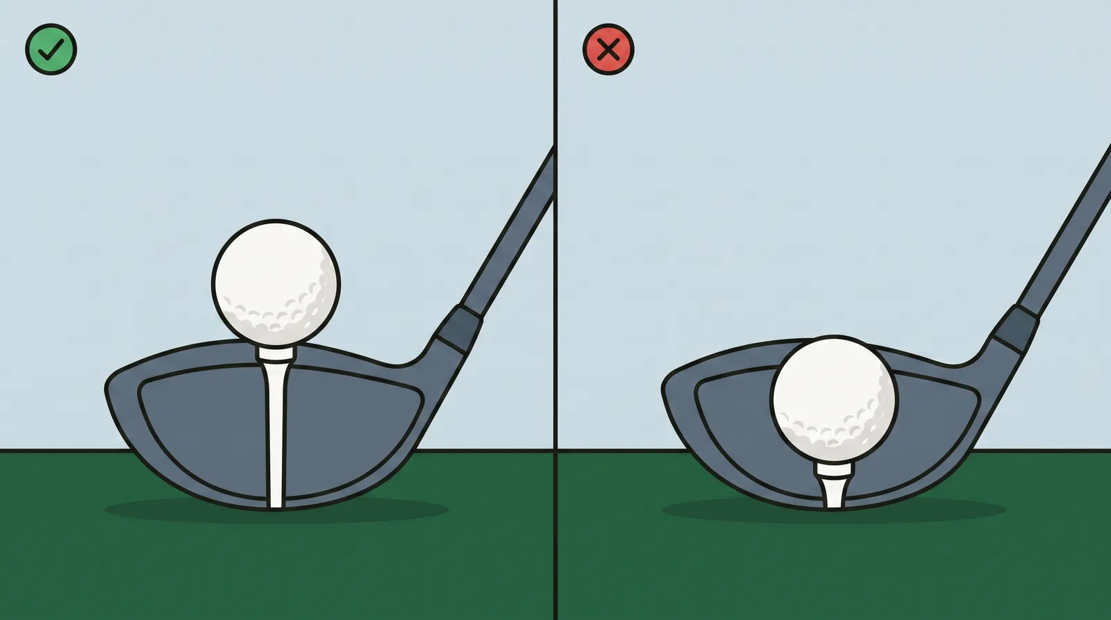 Comparison of a golf ball teed above the crown of a driver against one teed level with the crown