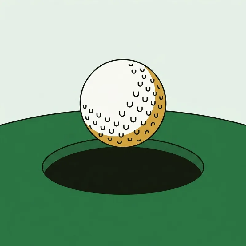A single golf ball resting on the lip of a hole cut into a putting green