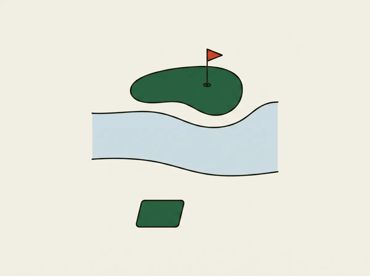 Overhead map of a short par 3 hole with a wide band of water between the tee and the green