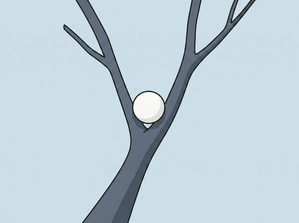 A golf ball resting in the fork of a tree branch above the ground