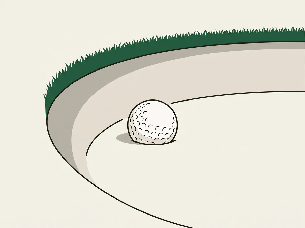 A golf ball sitting in bunker sand hard against the curved inner wall of the bunker, with grass along its top edge
