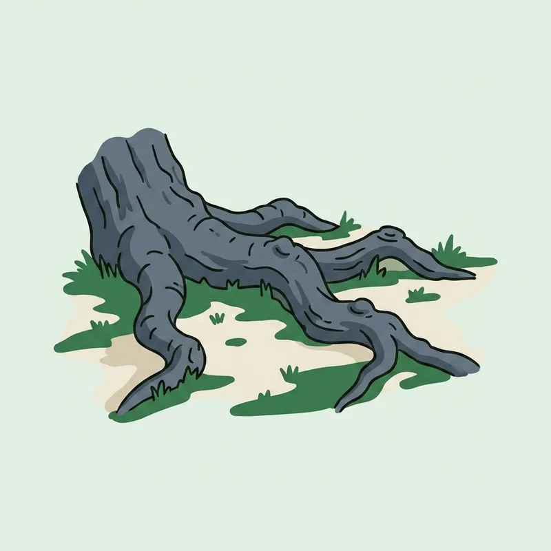 A thick tree root running above the ground through bare earth