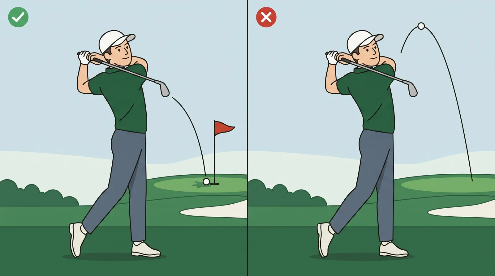 Comparison of a measured wedge swing landing on the green against a full wedge flying over the back