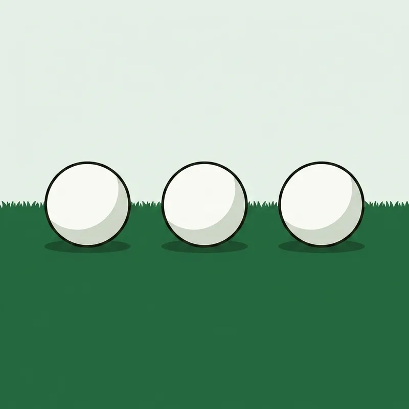 Three golf balls in a straight evenly spaced row on short grass