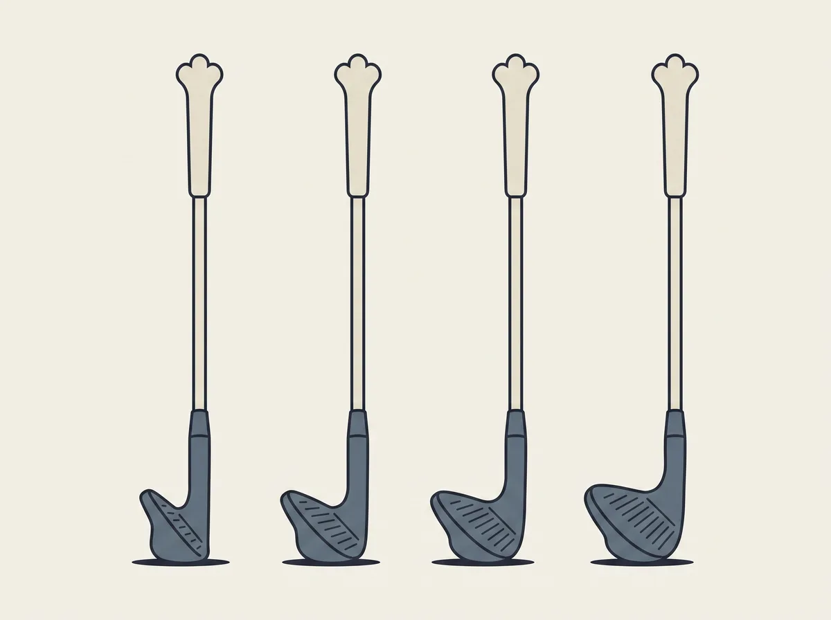 Four golf wedges standing side by side in a row with progressively more open clubfaces