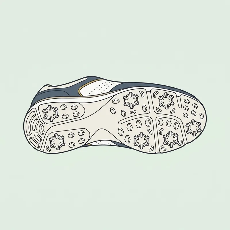 The spiked sole of a single golf shoe seen from below