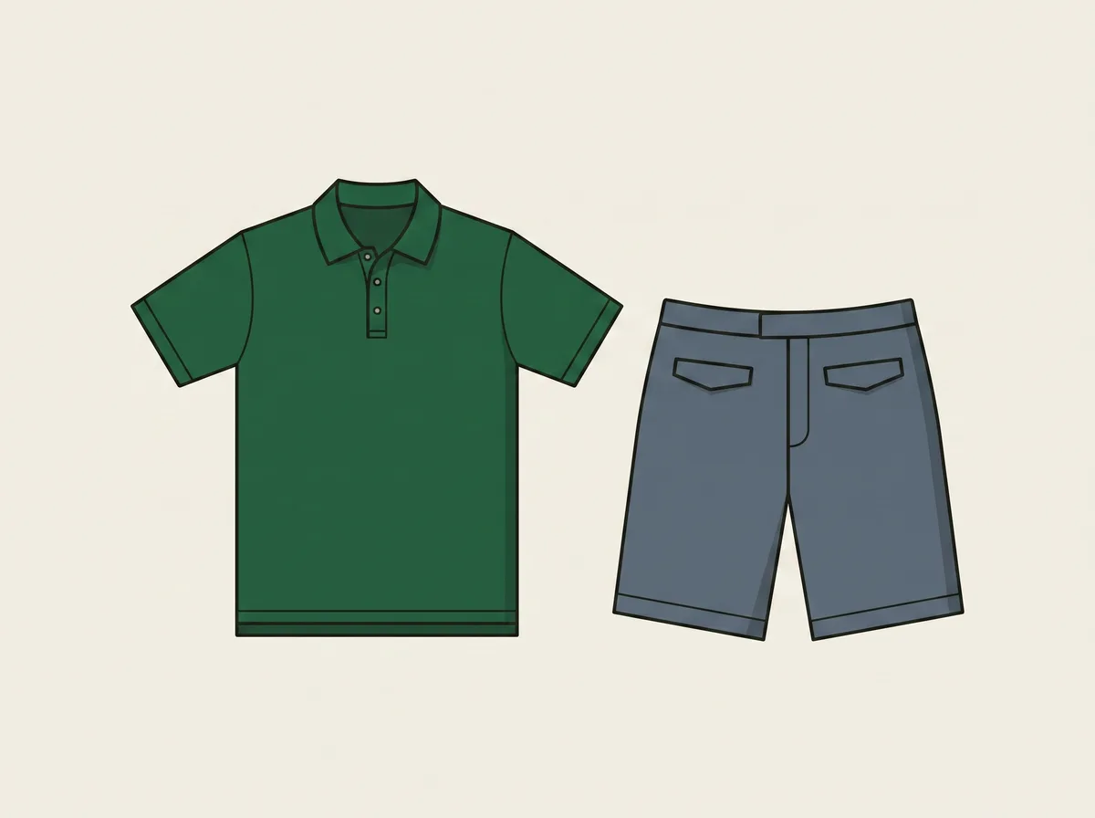 A collared polo shirt and a pair of tailored shorts laid out flat side by side, seen from above